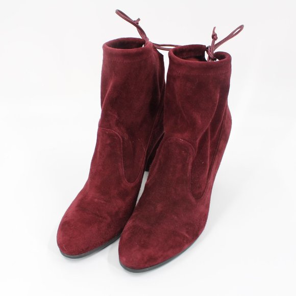 Stuart Weitzman Burgundy Suede Glove Tie Back Round Toe Heeled Ankle Bootie 9 - Picture 2 of 7